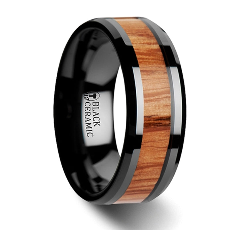 Thorsten Oblivion Red Oak Wood Inlaid Black Ceramic Ring w/ Bevels (6-10mm) W3780-BCRW