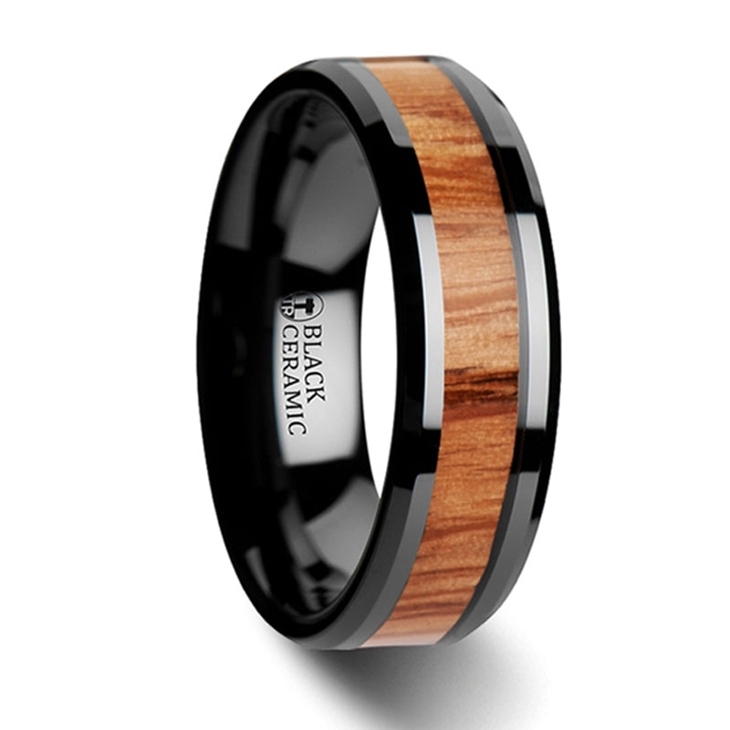 Thorsten Oblivion Red Oak Wood Inlaid Black Ceramic Ring w/ Bevels (6-10mm) W3780-BCRW
