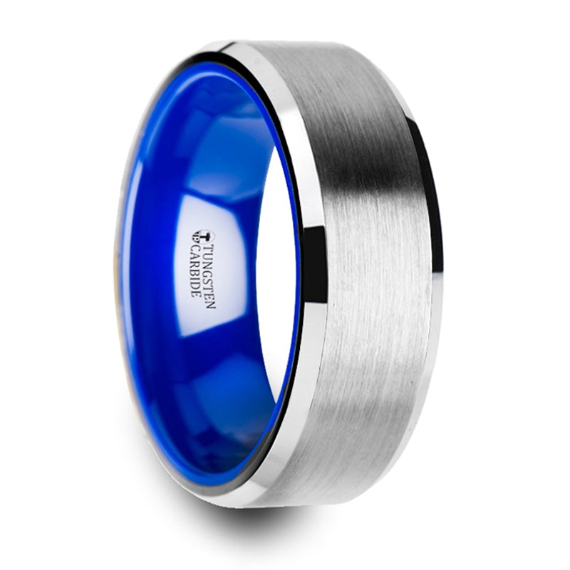 Thorsten Sirius Tungsten Wedding Band w/ Brush Center Bevel Edges &amp; Vibrant Blue Ceramic Inlay (8mm) W3926-TCBI