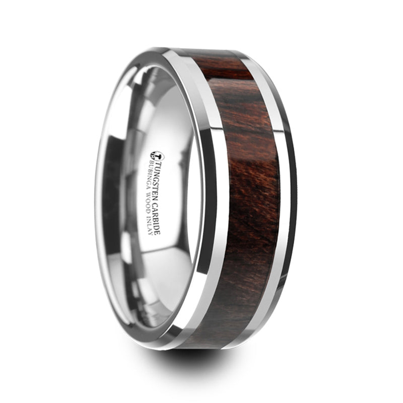 Thorsten Kevaz Bubinga Wood Inlaid Tungsten Carbide Ring w/ Bevels (8mm) W4274-BWWI