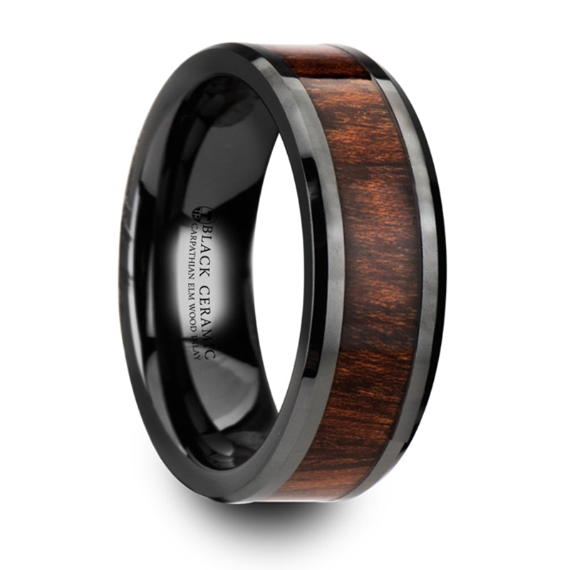 Thorsten Thracian Carpathian Wood Inlaid Black Ceramic Ring w/ Bevels (8mm) W4275-CWWI