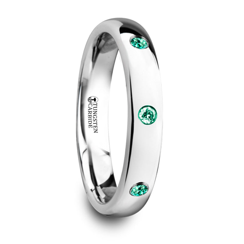 Thorsten Chloe Polished &amp; Domed Tungsten Carbide Wedding Ring w/ 3 Green Emeralds (4mm) W4280-DPGE