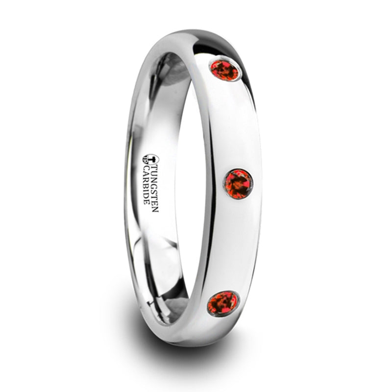 Thorsten Maera Polished &amp; Domed Tungsten Carbide Wedding Ring w/ 3 Red Rubies (4mm) W4281-DPRR