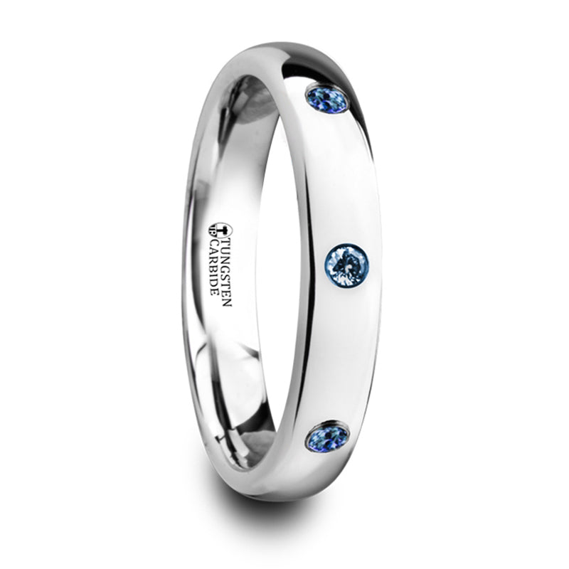 Thorsten Halia Polished &amp; Domed Tungsten Carbide Wedding Ring w/ 3 Blue Sapphires Setting (4mm) W4282-DPBS