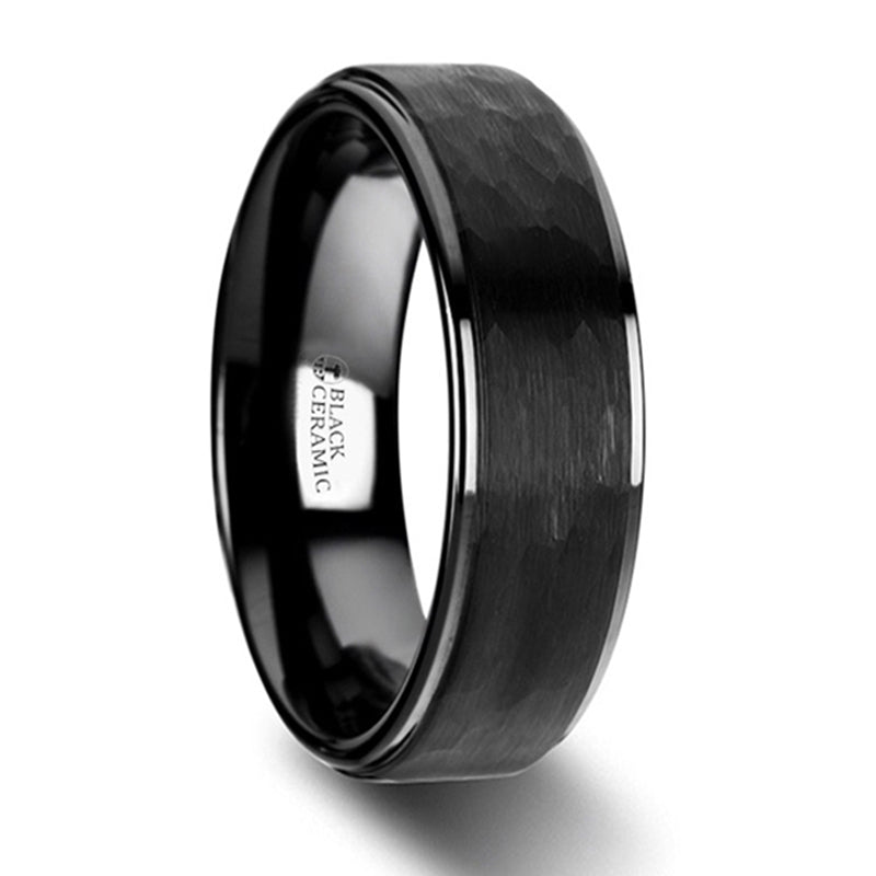 Thorsten Warrior Raised Hammer Finish Step Edge Black Ceramic Carbide Wedding Band w/ Brushed Finish (6-8mm) W4438-RHBC