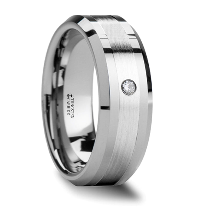 Thorsten Gautier Beveled Tungsten Ring w/ Palladium Inlay &amp; Diamond (8mm) W550-PDD1
