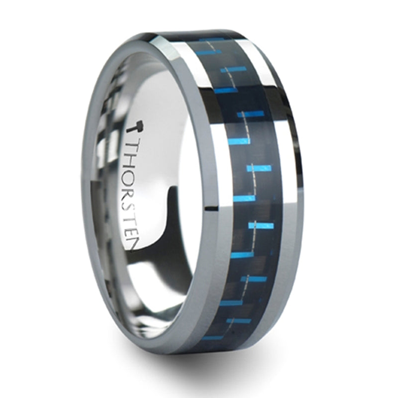 Thorsten Auxilius Black &amp; Blue Carbon Fiber Inlay Tungsten Carbide Ring (6-10mm) W559-BBCF