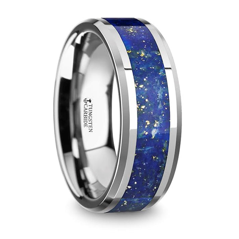 Thorsten Osias Polished Tungsten Wedding Band w/ Blue Lapis Inlay &amp; Beveled Edges (8mm) W5723-TCGO