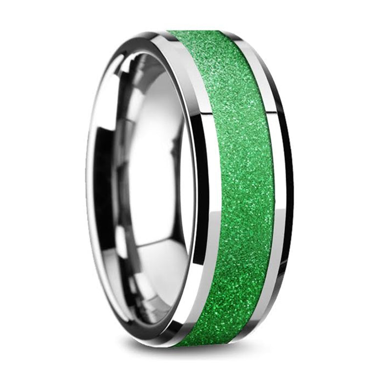 Thorsten Lawrence Tungsten Carbide Bevel Edged Ring w/ Sparkling Green Inlay (8mm) W5874-TSGI