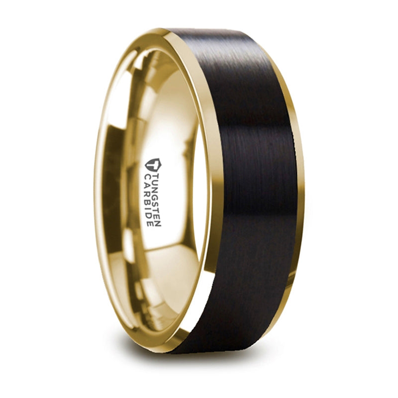 Thorsten Gaston Gold Plated Tungsten Polished Beveled Ring w/ Brushed Black Center (8mm) W5969-GPBT