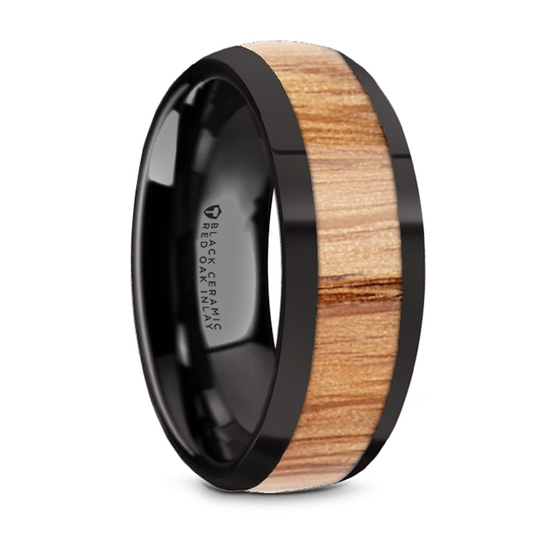 Thorsten Ambrose Black Ceramic Polished Edges Domed Wedding Band w/ Red Oak Wood Inlay (8mm) W5971-BCRO