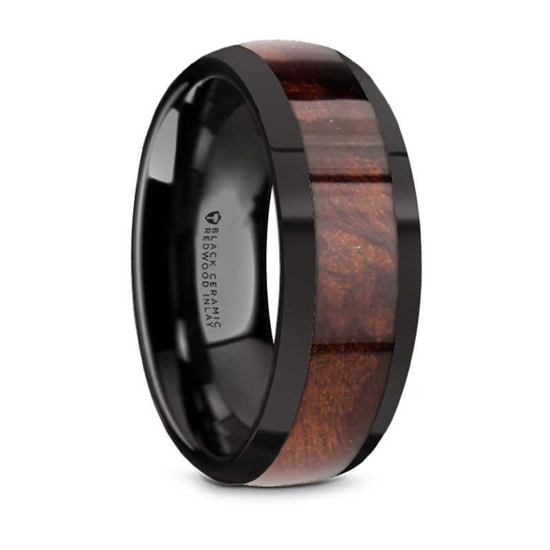 Thorsten Claret Black Ceramic Polished Edges Domed Wedding Band w/ Redwood Inlay (8mm) W5972-BCRW