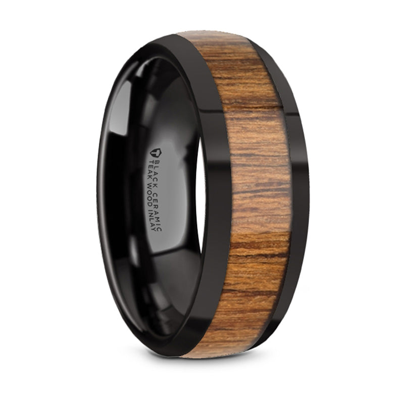 Thorsten Tulian Black Ceramic Polished Edges Domed Wedding Band w/ Teak Wood Inlay (8mm) W5973-BCTW