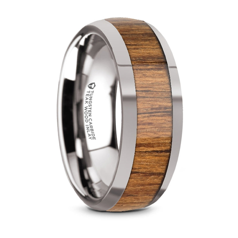 Thorsten Thekka Domed Tungsten Carbide Polished Edges Teak Wood Inlaid Wedding Ring (8mm) W5974-TCTW