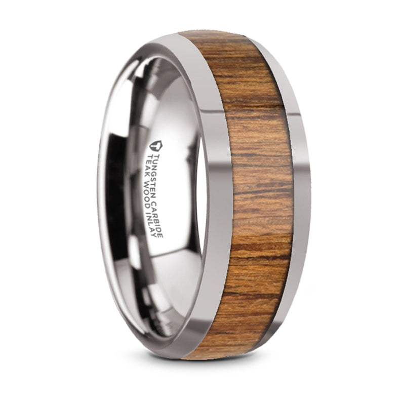 Thorsten Thekka Domed Tungsten Carbide Polished Edges Teak Wood Inlaid Wedding Ring (8mm) W5974-TCTW