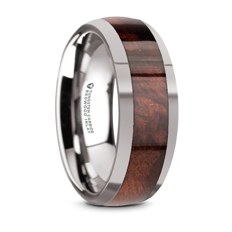 Thorsten Grove Tungsten Polished Edges Domed Wedding Ring w/ Redwood Inlay (8mm) W5975-TCRW