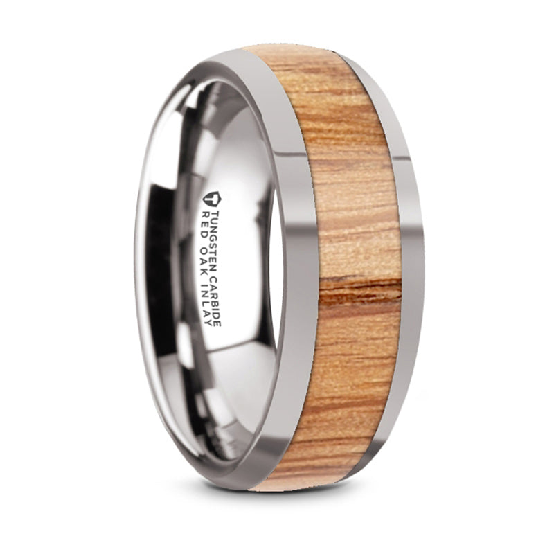 Thorsten Cinder Polished Edges Domed Tungsten Wedding Band w/ Red Oak Wood Inlay (8mm) W5976-TCRO