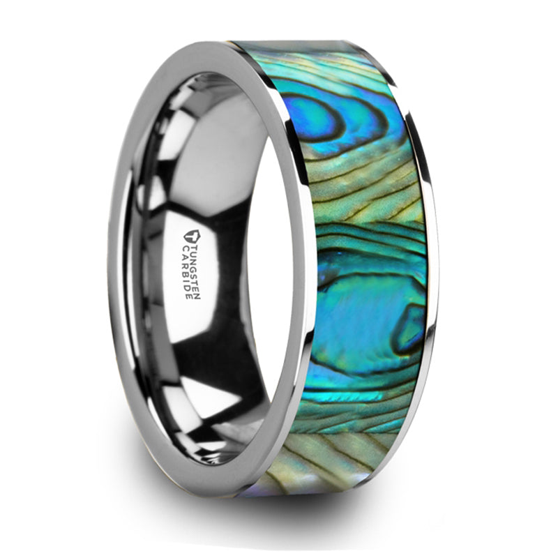 Thorsten Laurant Tungsten Flat Wedding Band w/ Mother Of Pearl Inlay &amp; Polished Finish (8mm) W5977-TCMOP