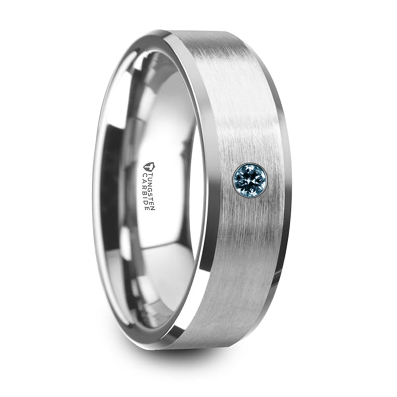 Thorsten Moore Flat Brushed Center Polished Beveled Edges Tungsten Wedding Band w/ Blue Diamond Setting (8mm) W5979-TCBS