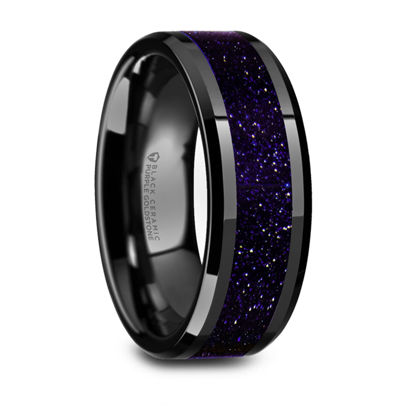 Thorsten Melo Black Ceramic Beveled Polished Wedding Band w/ Purple Goldstone Inlay (8mm) W5985-BCPGS