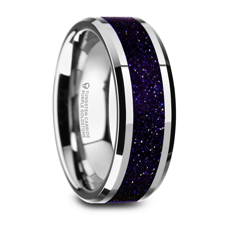 Thorsten Maki Beveled Tungsten Polished Finish Wedding Ring w/ Purple Goldstone Inlay (8mm) W5986-WTPGS
