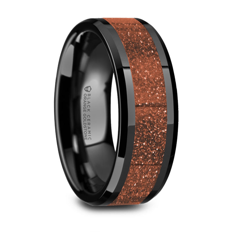 Thorsten Bolin Black Ceramic Polished Finish Beveled Edges Wedding Band w/ Orange Goldstone Inlay (8mm) W5987-BCGS