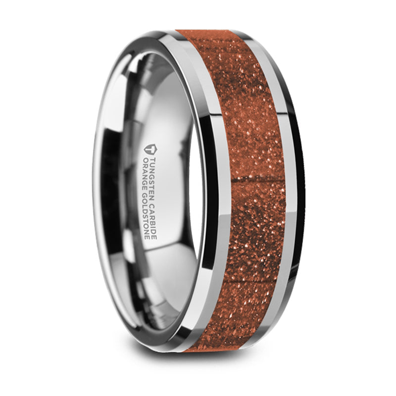 Thorsten Bodhi Polished Finish Beveled Edges Tungsten Wedding Band w/ Orange Goldstone Inlay (8mm) W5988-WTGS