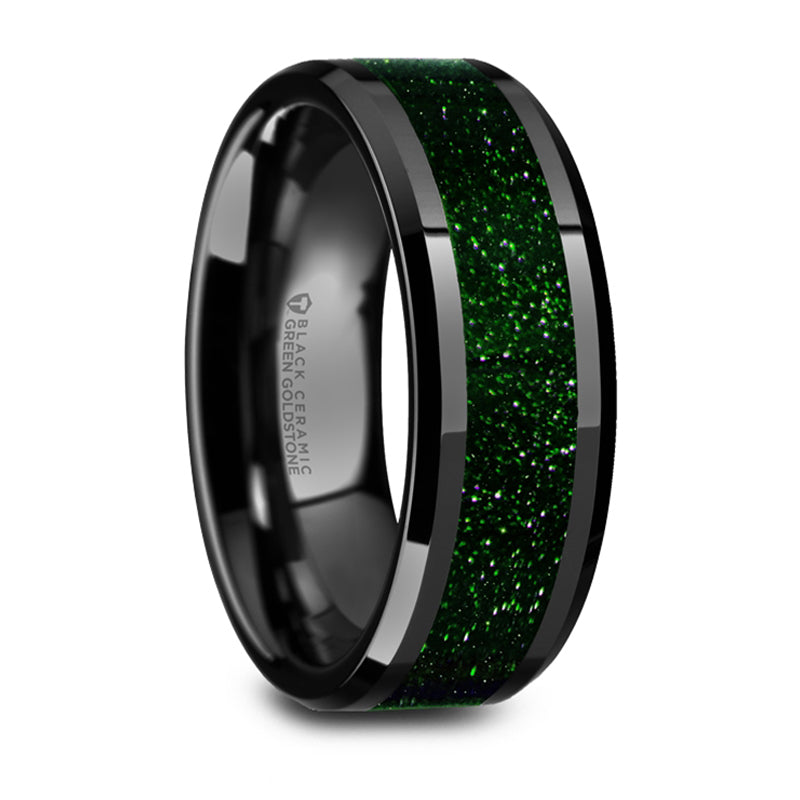 Thorsten Giovanni Polished Finish Black Ceramic Beveled Wedding Band w/ Green Goldstone Inlay (8mm) W5989-BCGGS