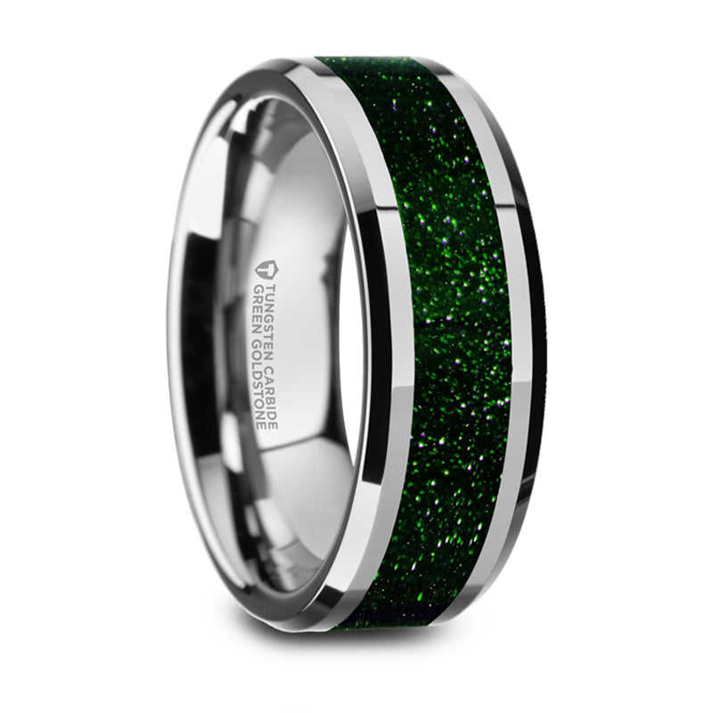Thorsten Patrick Polished Finish Beveled Edges Tungsten Wedding Band w/ Green Goldstone Inlay (8mm) W5990-WTGGS