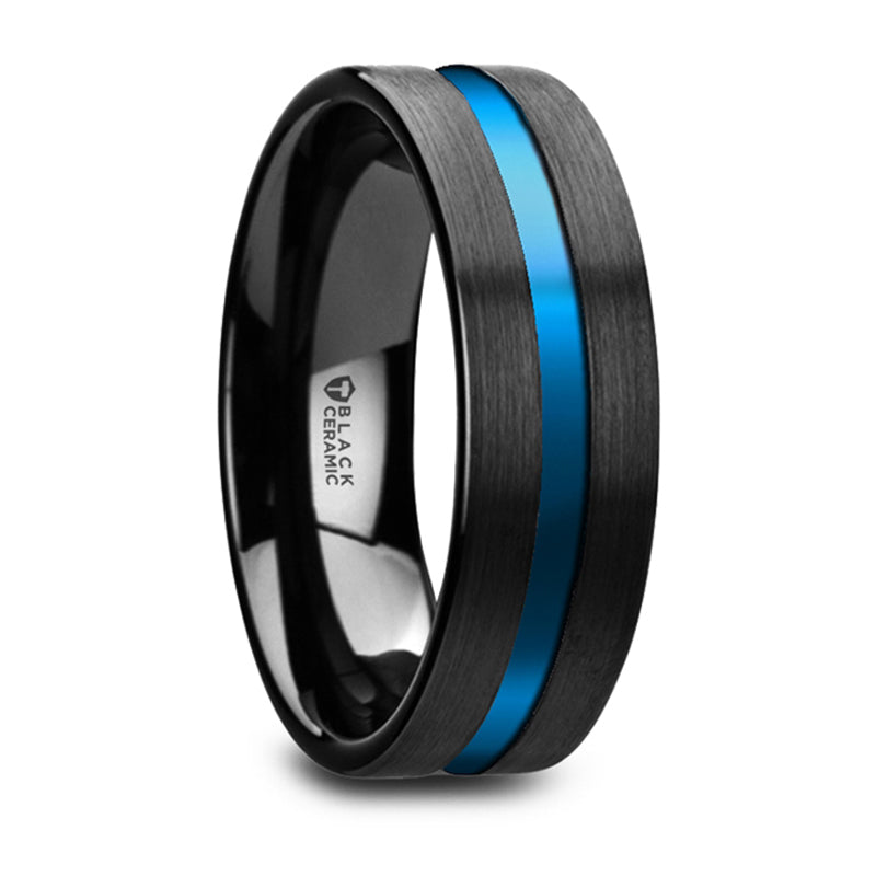 Thorsten Westley Flat Brushed Finish Black Ceramic Wedding Ring w/ Blue Grooved Center (8mm) W5991-BCBG