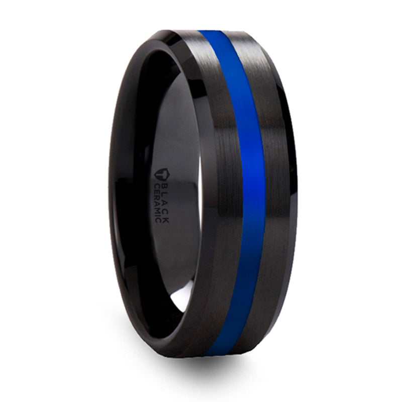 Thorsten Declan Beveled Black Ceramic Brushed Finish Wedding Band w/ Polished Blue Stripe (8mm) W5992-BCBS