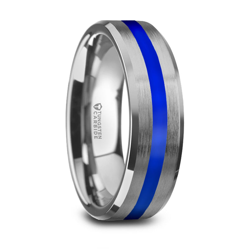 Thorsten Lawson Beveled Edges White Tungsten Brushed Finish Wedding Ring w/ Blue Stripe (8mm) W5993-WTBS