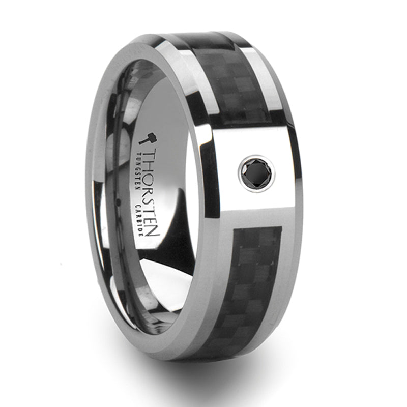 Thorsten Bentley Tungsten Carbide Ring w/ Black Carbon Fiber &amp; Black Diamond (8mm) W802-BCBD