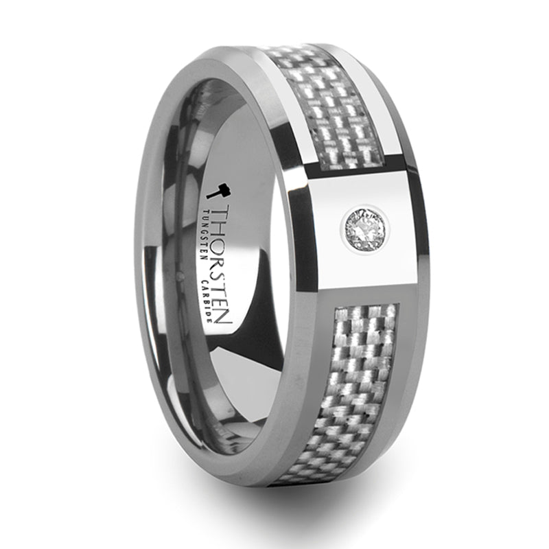 Thorsten Royce Tungsten Carbide Ring w/ White Carbon Fiber &amp; White Diamond (8mm) W803-WCWD