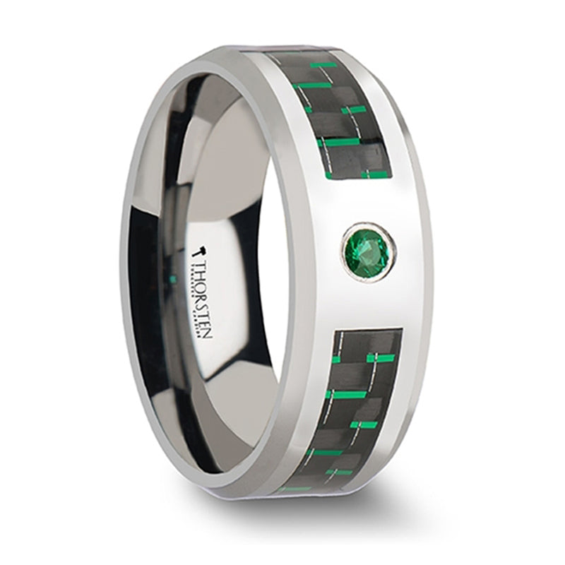 Thorsten Aspen Tungsten Carbide Ring w/ Black &amp; Green Carbon Fiber &amp; Emerald Setting (8mm) W866-TEBG
