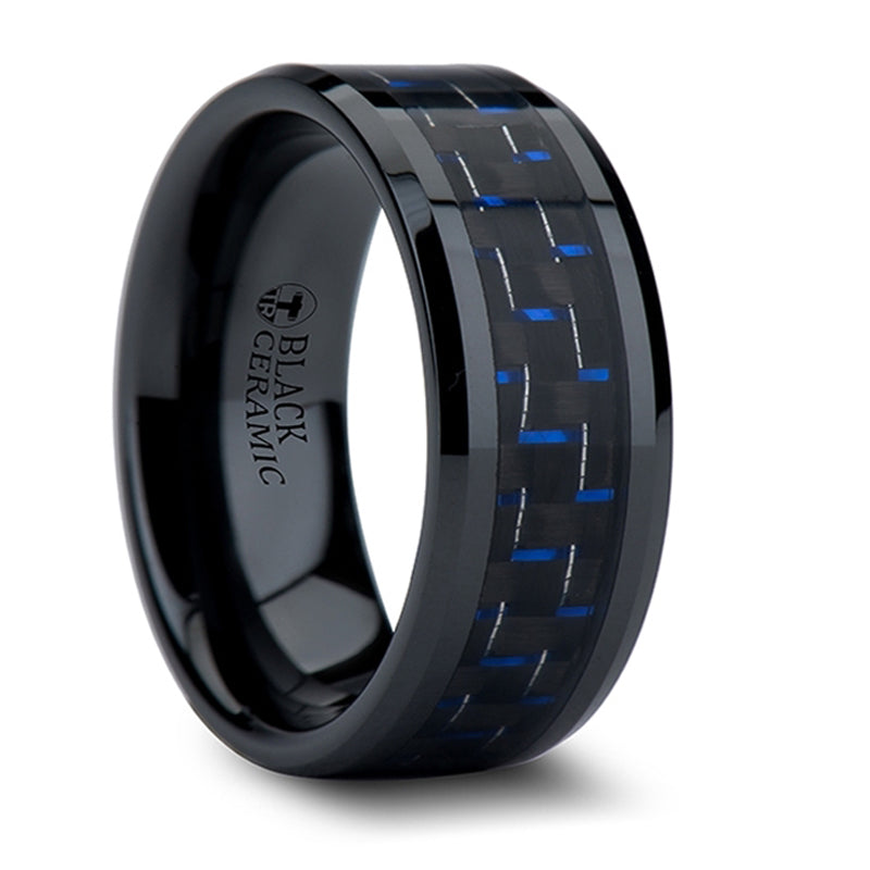 Thorsten Avitus Black Beveled Ceramic Ring w/ Blue & Black Carbon Fiber Inlay (4-10mm) W874-BBCF