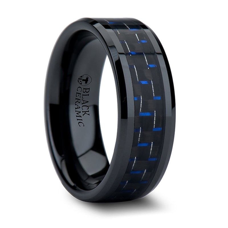 Thorsten Avitus Black Beveled Ceramic Ring w/ Blue &amp; Black Carbon Fiber Inlay (4-10mm) W874-BBCF