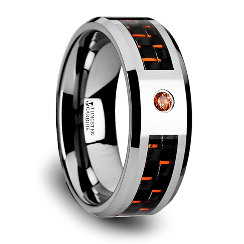 Thorsten Noah Tungsten Ring w/ Black &amp; Orange Carbon Fiber &amp; Orange Padparadscha Setting (8mm) W905-TCOC