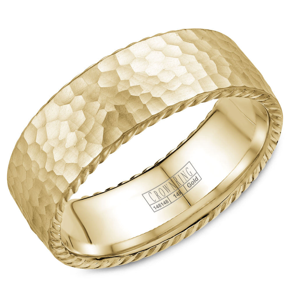 CrownRing 8MM Yellow Gold Wedding Band with Hammered Finish &amp; Rope Detailing WB-004R8Y