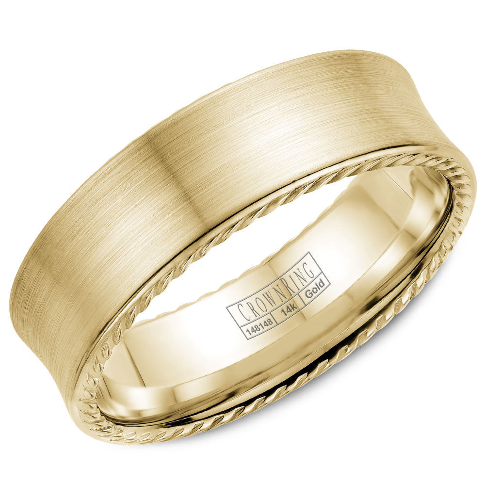 CrownRing 7MM Yellow Gold Wedding Band with Brushed Center &amp; Rope Detailing WB-008R7Y
