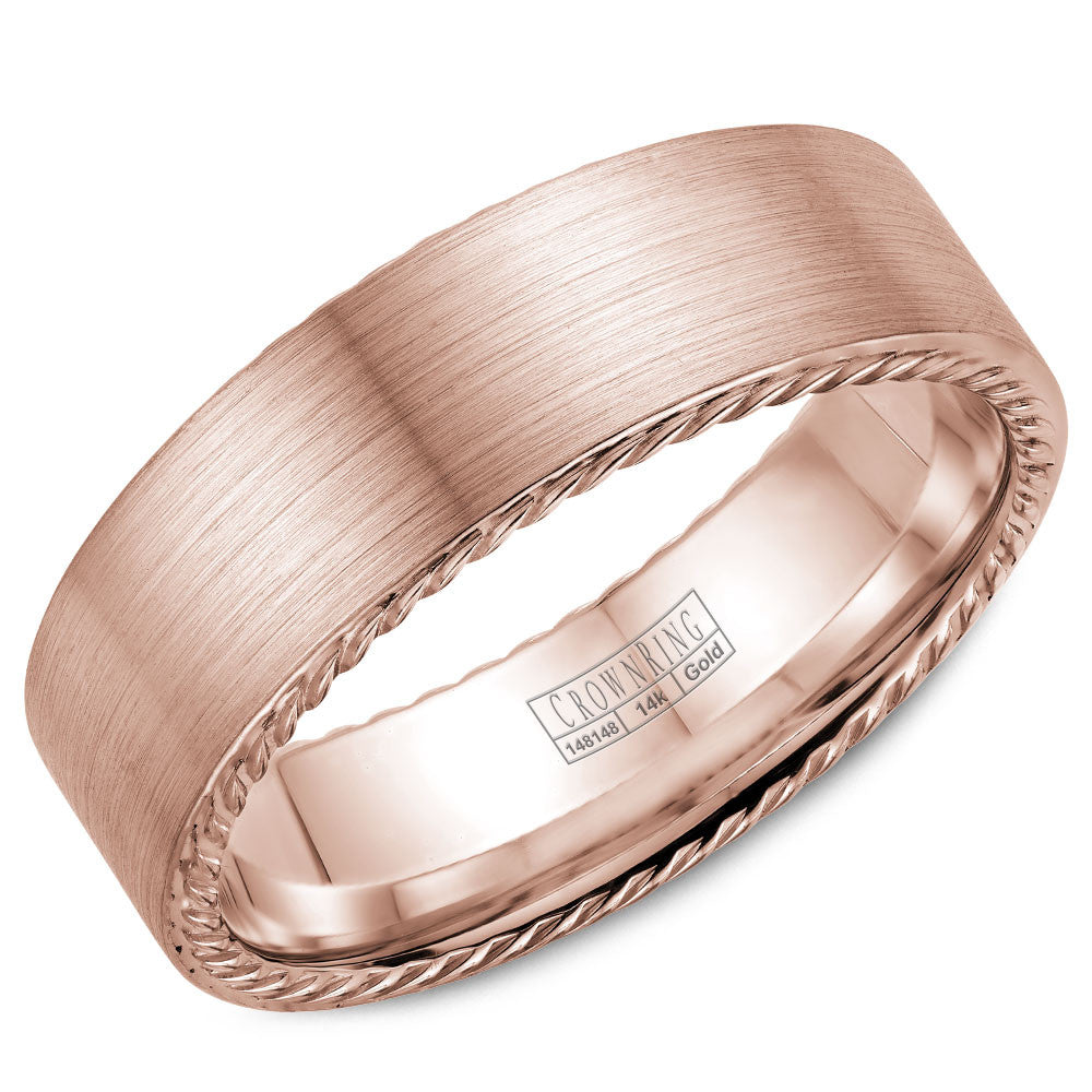 CrownRing 7MM Rose Gold Wedding Band with Brushed Center &amp; Rope Detailing WB-009R7R