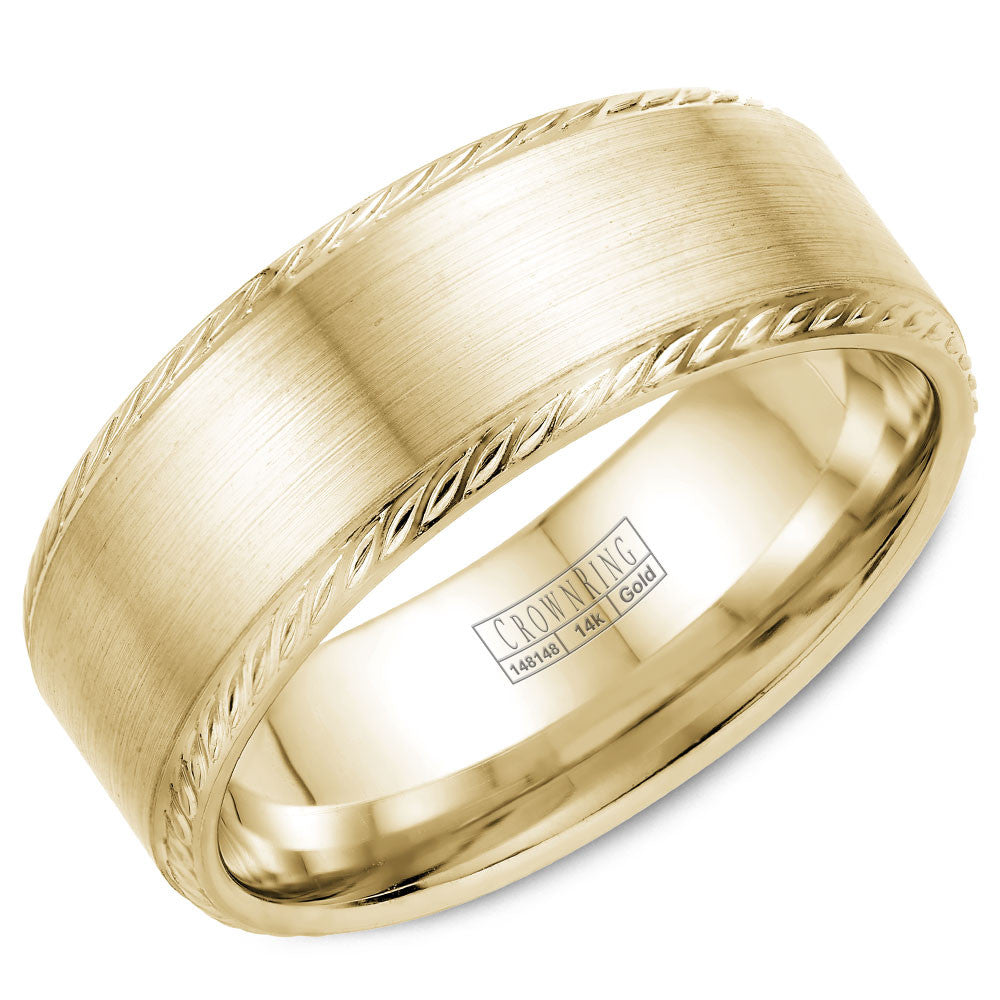 CrownRing 8MM Yellow Gold Wedding Band with Brushed Center and Rope Detailing WB-011R8Y