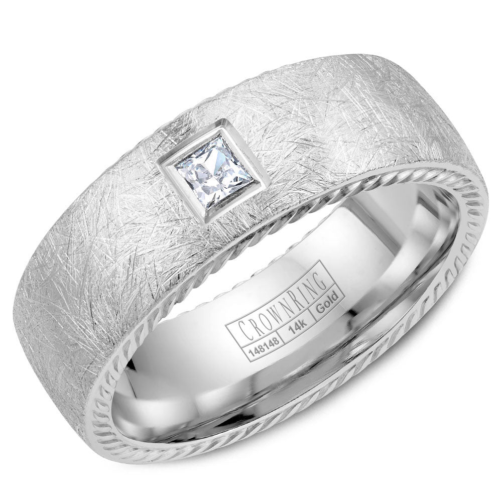 CrownRing 8MM Diamond Brushed Wedding Band with Princess Cut Diamond &amp; Rope Detailing WB-013RD8W