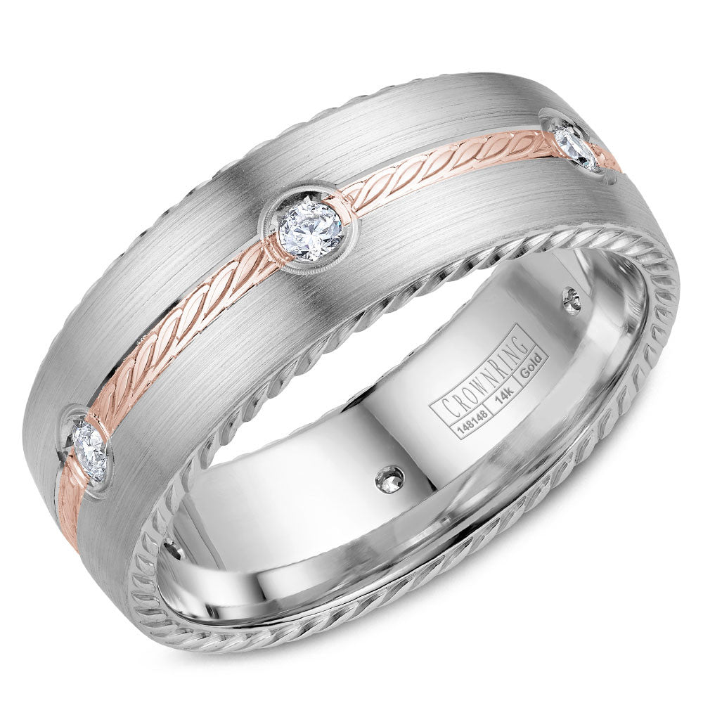 CrownRing 8MM Diamond Wedding Band with Rose Gold Rope Detailing WB-014RD8RW