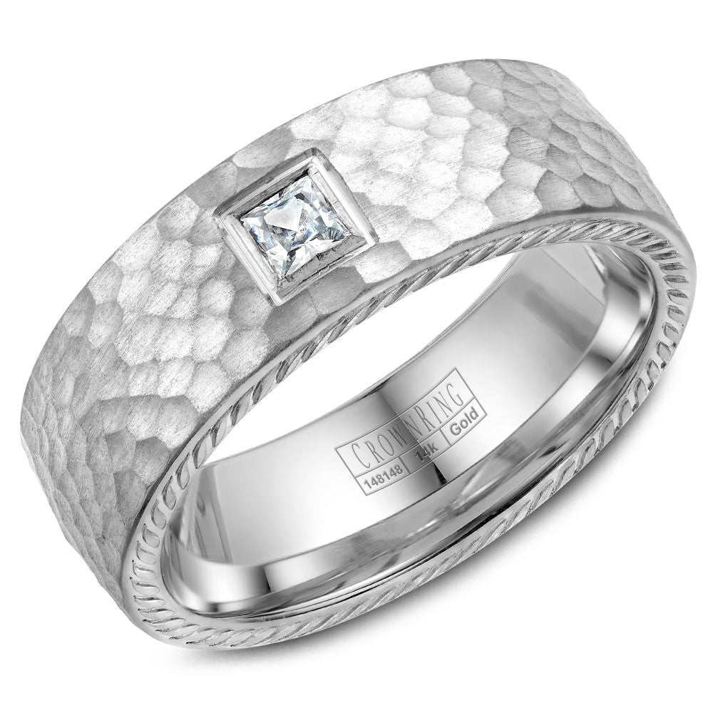 CrownRing 8MM Hammered Finish &amp; Rope Detailing Wedding Band with Princess Cut Diamond WB-021RD8W