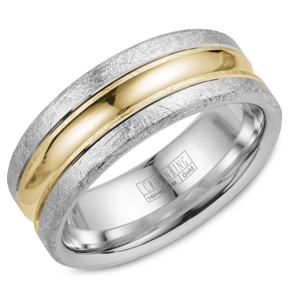 CrownRing 8MM White Gold Diamond Brushed Wedding Band with Yellow Gold Center WB-024C8YW