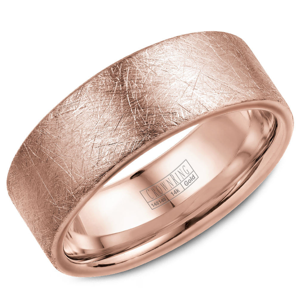 CrownRing 8MM Rose Gold Wedding Band with Diamond Brushed Center WB-025C8R