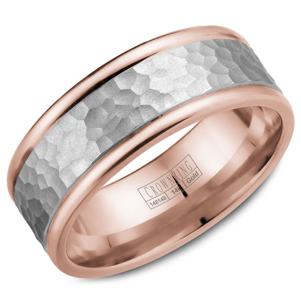 CrownRing 8MM Rose Gold Wedding Band with White Gold Hammered Center WB-028C8WR