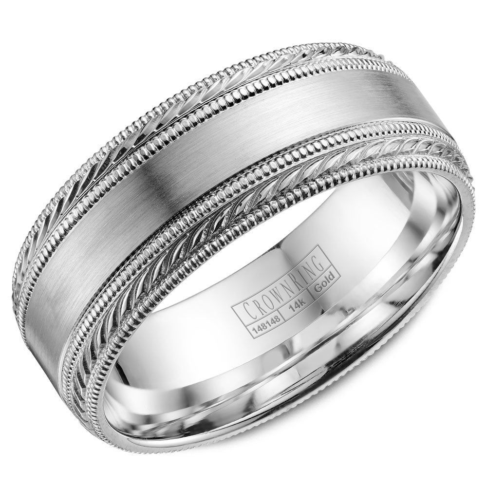 CrownRing 8MM Wedding Band with Brushed Center and Milgrain Detailing WB-034C8W