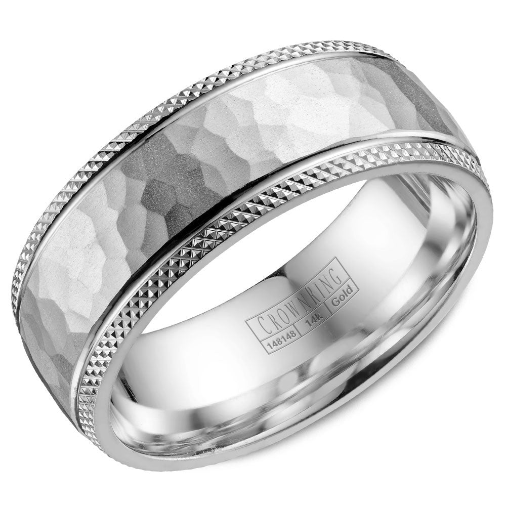 CrownRing 8MM Wedding Band with Hammered Finish and Milgrain Detailing WB-035C8W